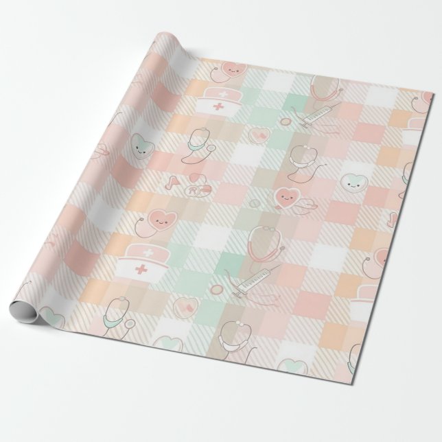 Papel De Presente Vida de Enfermeira Pastel Padrão Xadrez (Desenrolado)