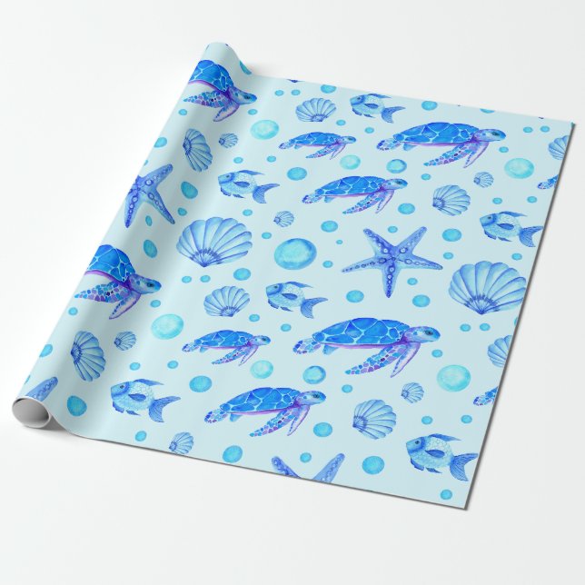Papel De Presente Vida Marinha Azul - Tartarugas, Peixes e Conchas (Desenrolado)