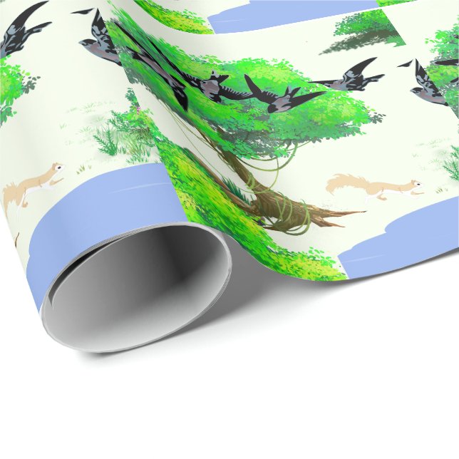 Papel De Presente Vida na Floresta primavera com Aves e Esquilo - Na (Ponta do rolo)