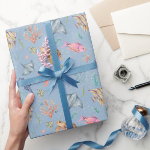 Papel De Presente Vida Oceânica em Aquarela Azul Claro Texturizado