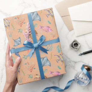 Papel De Presente Vida Oceânica em Aquarela Laranja Claro Texturizad