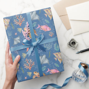 Papel De Presente Vida Oceânica em Aquarela Texturizada Azul