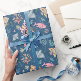 Papel De Presente Vida Oceânica em Aquarela Texturizada Azul Escuro