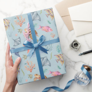Papel De Presente Vida Oceânica em Aquarela Texturizada Azul Pastel