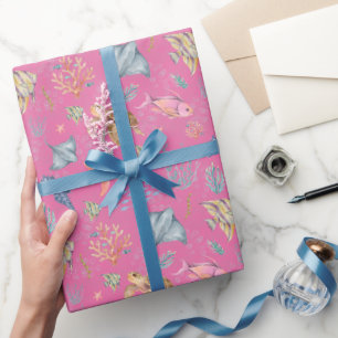 Papel De Presente Vida Oceânica em Aquarela Texturizada Rosa