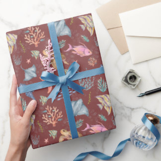 Papel De Presente Vida Oceânica em Aquarela Texturizada Sangria Cinz