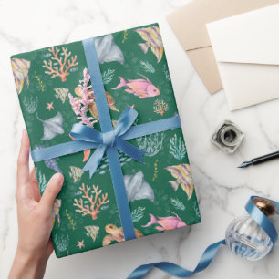 Papel De Presente Vida Oceânica em Aquarela Texturizada Verde Escuro