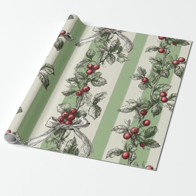 Papel De Presente Videira de Frutas Vermelhas e Listra Botânica de F (Desenrolado)