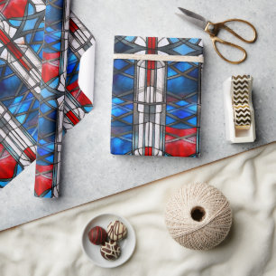 Papel De Presente Vidro Patriótico Azul Branco Vermelho, Manchado 4 