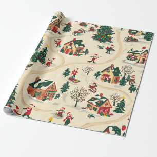 Papel De Presente Vila de Inverno Nostálgica Padrão Vermelho Verde D