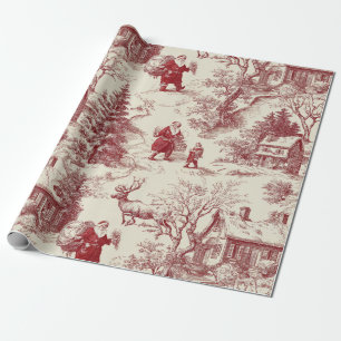 Papel De Presente Vila de Natal em Toile Vermelho Vintage - Papai No