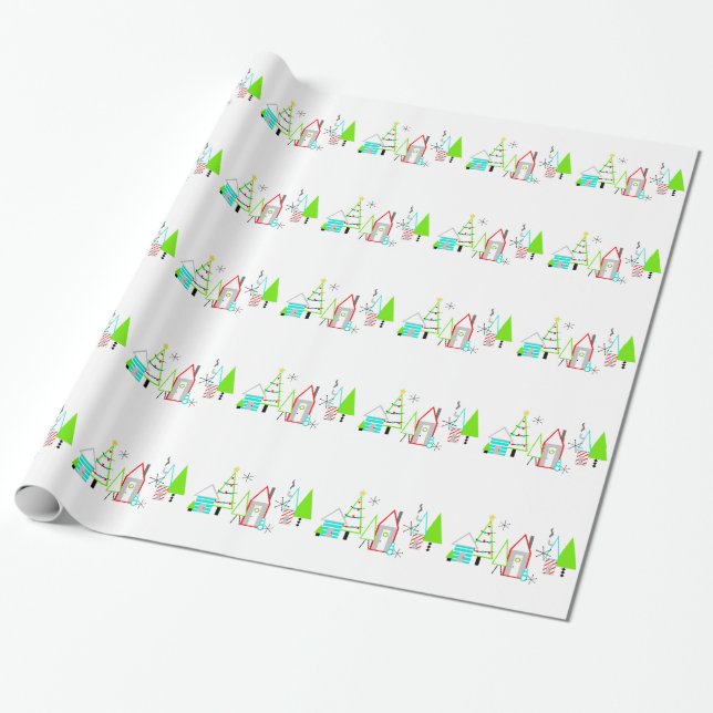 Papel De Presente vila de natal moderno de meados do século (Desenrolado)