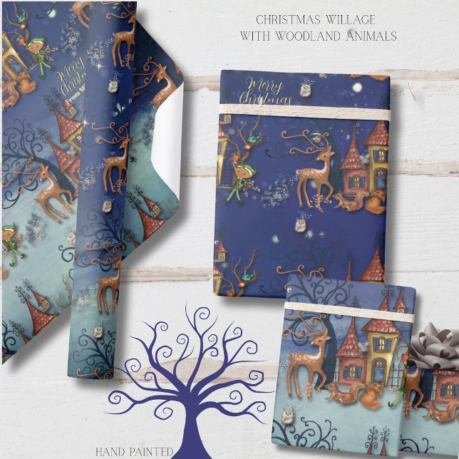Papel De Presente Vila de Natal | Rena, Elfo, Esquilo & Raposa (Christmas Village  Reindeer, Elf, Squirrel & Fox Wrapping Paper)