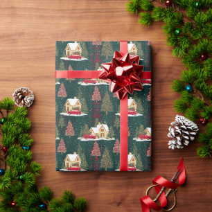 Papel De Presente Vila de Natal Verde e Floresta Vermelha