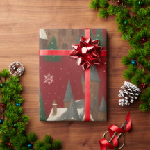 Vila de Natal | Vermelho com Casas e Pinheiros Nev