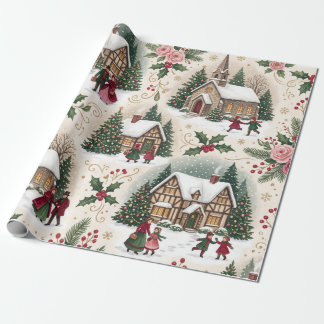 Papel De Presente Vila de Natal Vitoriana Cottage Neve Rosas