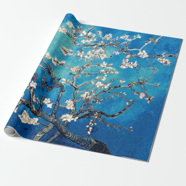 Papel De Presente Vincent Van Gogh Almond Blossoms Bright Turquoise (Desenrolado)