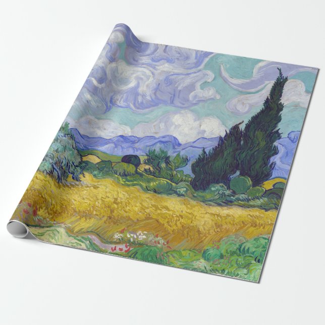 Papel De Presente Vincent Van Gogh - Campo de Trigo com Cipras (Desenrolado)