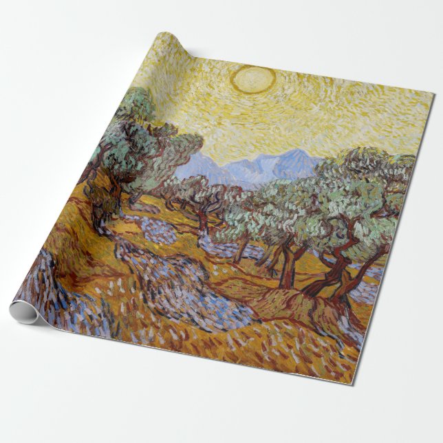 Papel De Presente Vincent van Gogh - Oliveiras, céu amarelo e sol (Desenrolado)