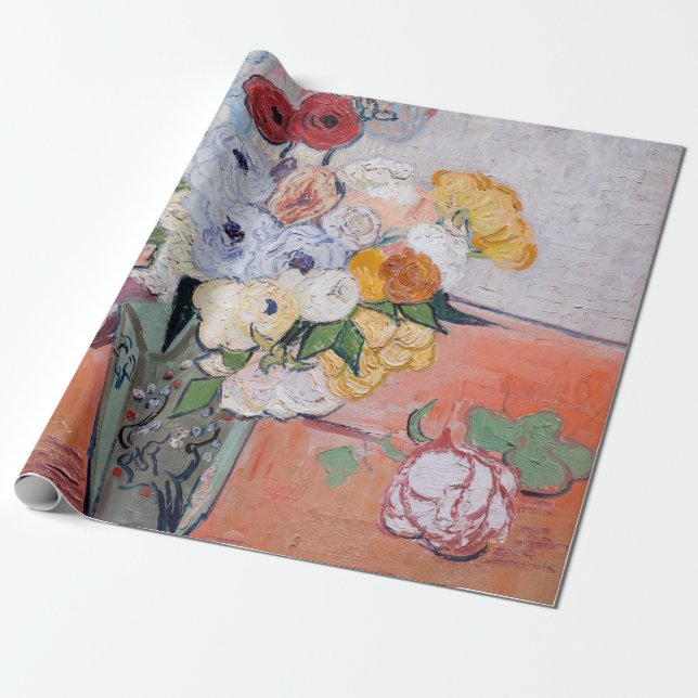 Papel De Presente Vincent van Gogh - Vase com Rosas e Anêmonas (Desenrolado)