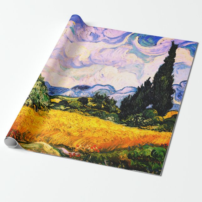Papel De Presente Vincent Van Gogh Wheat Field com Cyprestes (Desenrolado)