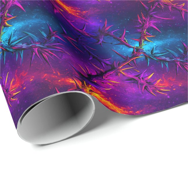 Papel De Presente Vinhas Neon Thorny - Padrão de Bramble Cósmico (Ponta do rolo)