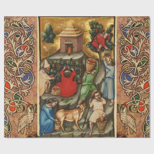 PAPEL DE PRESENTE VINHETA DE UVAS MEDIEVAL VÁLVULA COLHEITA VÁLIA (Aberto)