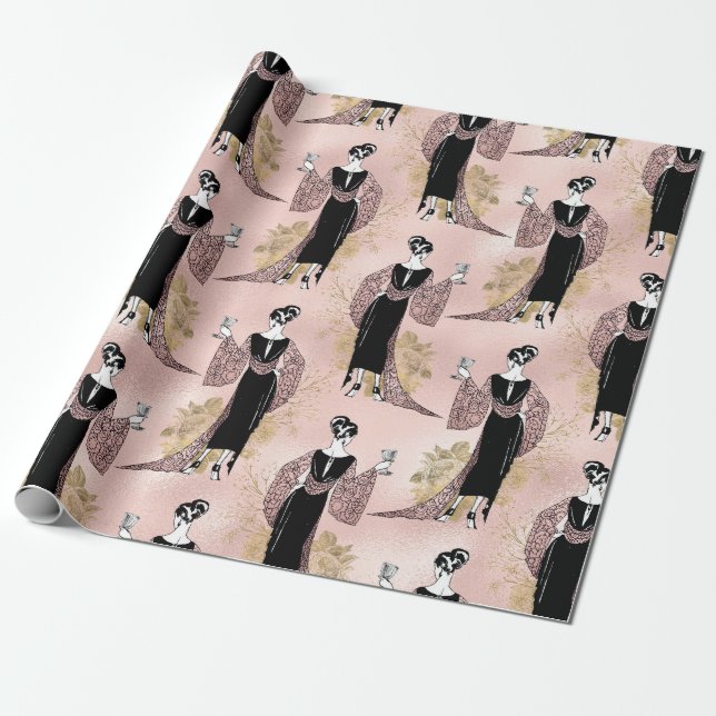 Papel De Presente Vinho Art Déco Rosa Dourado e Rosa Pálido (Desenrolado)