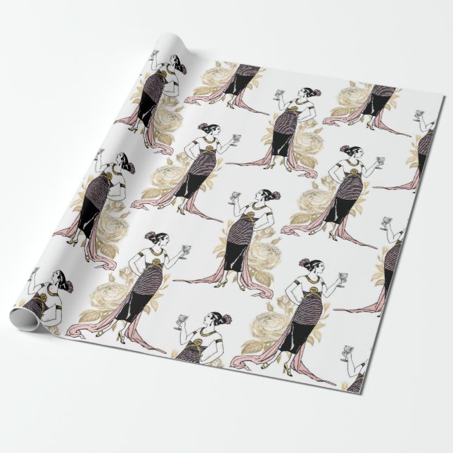 Papel De Presente Vinho de Deco de Arte Rosa e Dourado (Desenrolado)