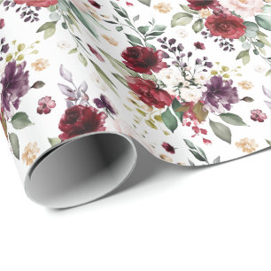 Papel De Presente Vinho Padrão de Buquê Floral Borgonha