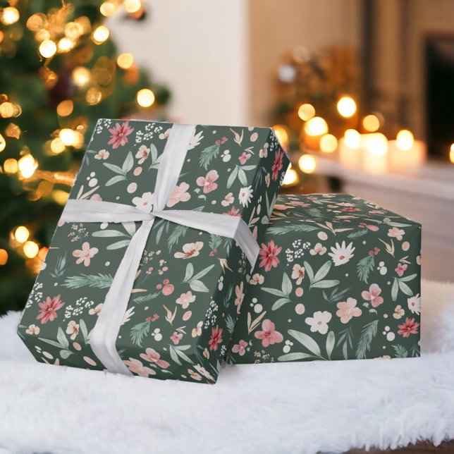 Papel De Presente Vinho verde macio de água elegante Natal Floral (Elegant green Soft Watercolor Floral Christmas Wrapping Paper)