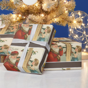 Papel De Presente Vintage 1910 Menina chamando Papais noeis de Natal