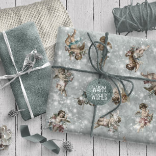 Papel De Presente Vintage Angels Glittering Silver Sage ID136