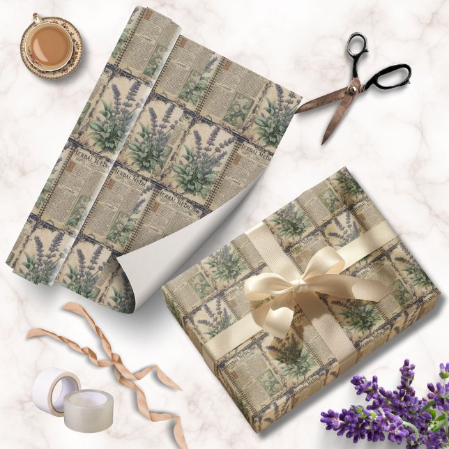 Papel De Presente Vintage Apothecary Lavanda Garden (Vintage Lavender Dream Apothecary Wrapping Paper for Mother's Day or Garden Lovers Gifts)