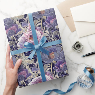 Papel De Presente Vintage Art Nouveau Elegante Roxo e Rosa Floral