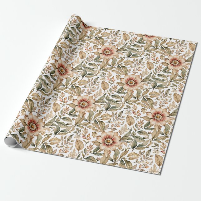 Papel De Presente Vintage Beige & Green Botanical (Desenrolado)