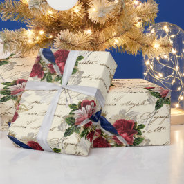 Papel De Presente Vintage Blue Bird Floral Natal