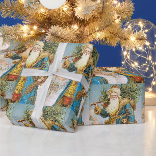 Papel De Presente Vintage Blue Casaco Santa Claus com Árvore de Nata