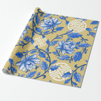 Papel De Presente Vintage Blue e Dourada Chinoiserie Floral