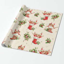 Papel De Presente Vintage Bonita Retrora Elfos Vermelhos de Natal