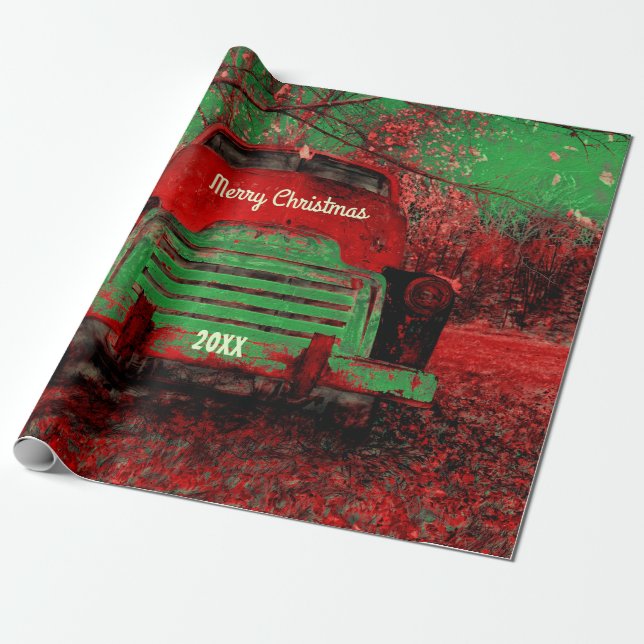 Papel De Presente Vintage Bright Red Green Truck= (Desenrolado)