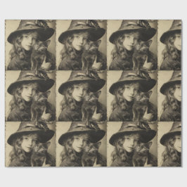 Papel De Presente Vintage Bruxa com Cat Halloween Samhain