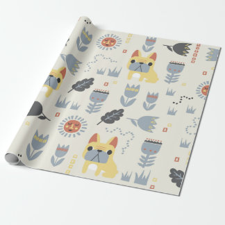 Papel De Presente vintage, buldogue francês e planta escandinava