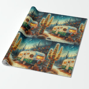 Papel De Presente Vintage Camper Christmas em Desert Saguaro Cactus
