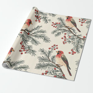 Papel De Presente Vintage Cardinal Vermelho Pine Berry Creme Natal