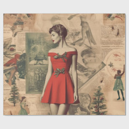 Papel De Presente  Vintage Christmas Collage Lady in Red Gift Wrap