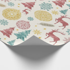 Papel De Presente Vintage Christmas Reindeer & Ornaments Pattern