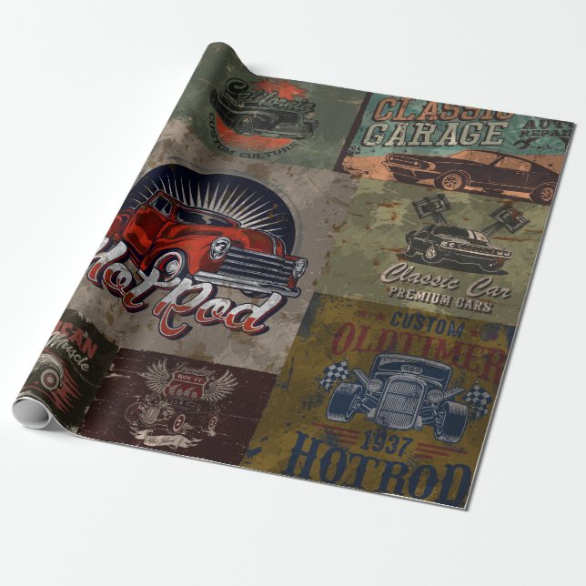 Papel De Presente Vintage Classic Car Graphic (Desenrolado)