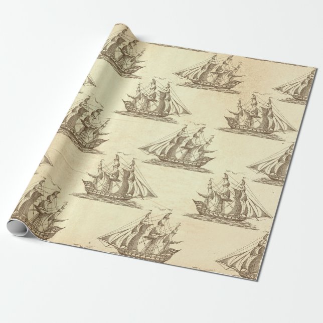 Papel De Presente Vintage Clipper Ship on Cream (Desenrolado)