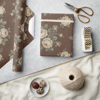 Papel De Presente Vintage Cream Roses on Mocha Brown Pattern